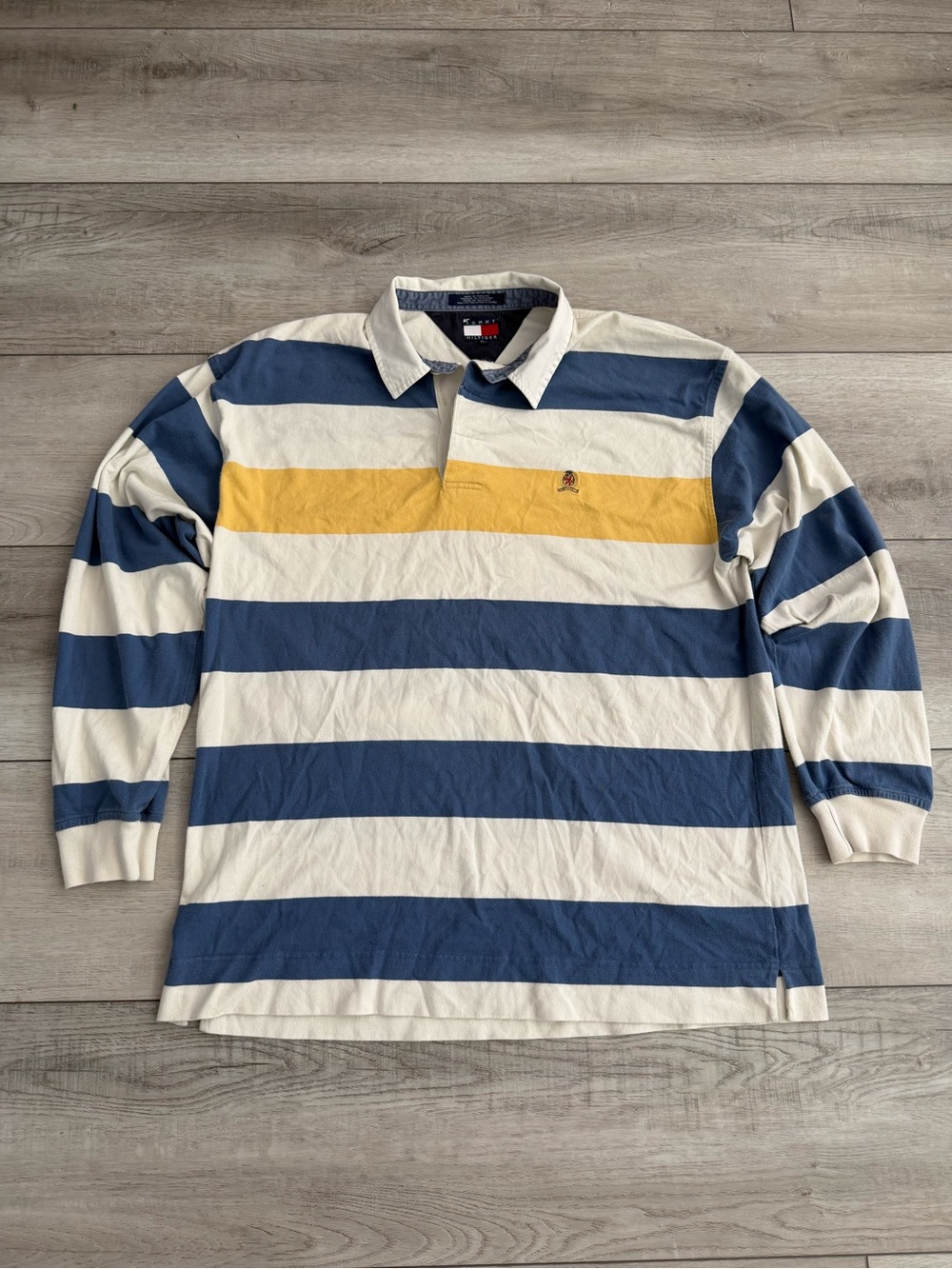 Tommy Hilfiger Blue, White & Yellow Horizontal Stripe Rugby Polo - Picture 1 of 5